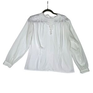 Impressions of California Blouse Women Vintage Lace Trim Long Sleeve White